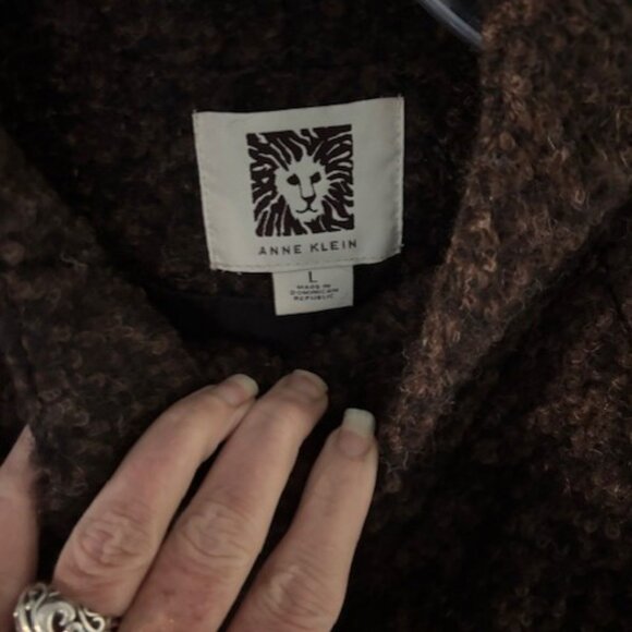 Anne Klein L Brown Coat Wool Blend Covered Button Pocket Timeless Tailored Warm - Picture 8 of 10